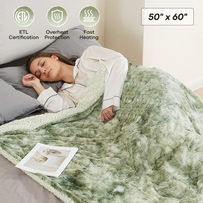 MARNUR Electric Throw Blanket 50" x 60", Soft Faux Fur Heated Blanket with Large LED Display, 6 Heating Levels, 4 Hours Timer, Machine Washable - Tie-dye Green