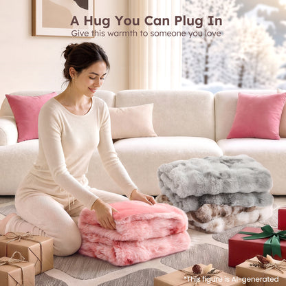 MARNUR Heated Blanket Bubble Fleece Electric Throw with 4H Timer 6 Heating Levels 50"×60", Long Faux Fur and Soft Flannel for Couch Bed, Machine Washable, Tie-Dye Pink