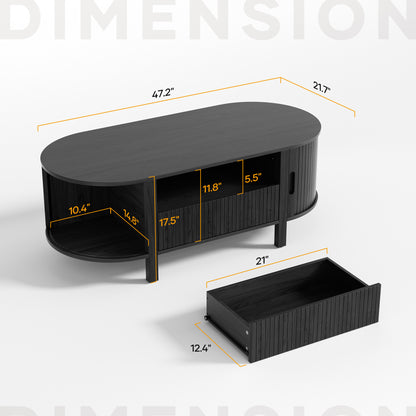 MARNUR Fluted Coffee Table with Storage, Mid Century Modern Center with Sliding Tambour Door for Living Room, Black