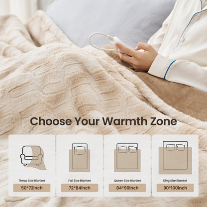 MARNUR Electric Blanket Faux Fur Queen Size 84"x90",Fast Heating with Dual Controllers,10 Heating Levels, 10 Hours Timer, Khaki