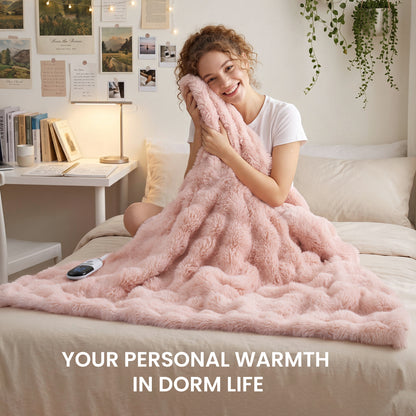 MARNUR Electric Throw Blanket 50"x60", Faux Fur Heated Throw, 6 Heating Levels, 4 Hours Timer - Pink