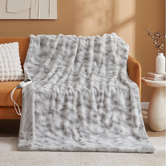 MARNUR Heated Blanket Electric Throw Extra Large Size 50"x72", Soft Faux Fur Heated Throw with 6 Heating Levels 4 Hours Timer Machine Washable, Gray
