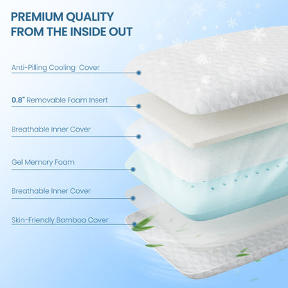 MARNUR Gel Memory Foam Pillow for Bed, Adjustable Height Bed Pillow with 0.8" Removable Insert, Cooling Pillow for Side, Back, Hot Sleepers, Queen Size 2 Pack