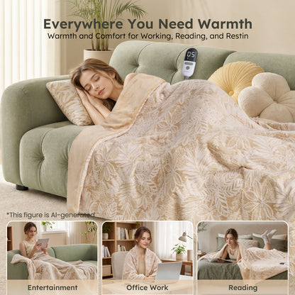 MARUNR Flannel Heated Blanket Electric Throw 50"×60", Irregular Leaf Pattern Heated Throw, 6 Heating Levels and 4H Timer, Machine Washable for Sofa, Office, Home Use, Beige