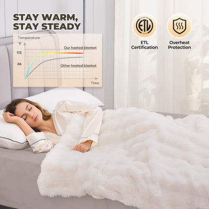 MARNUR 50"x60" Electric Blanket, Faux Fur Heated Blanket, 6 Heating Levels, 4-Hour Timer, White