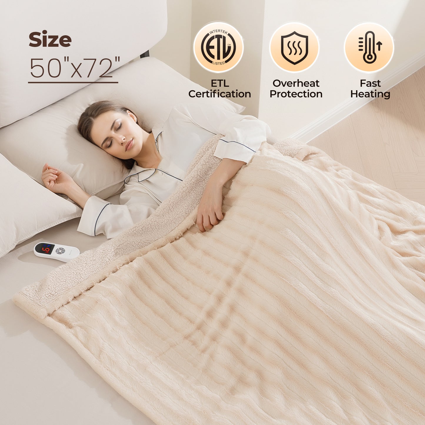 MARNUR Electric Throw Blanket Extra Large Size, 50" x 72" Soft Faux Fur Heated Blanket, 6 Heating Levels, 4 Hours Timer - Beige