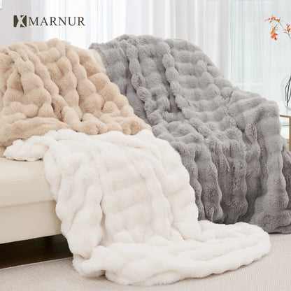 MARNUR 50"x60" Electric Blanket, Faux Fur Heated Blanket, 6 Heating Levels, 4-Hour Timer, White