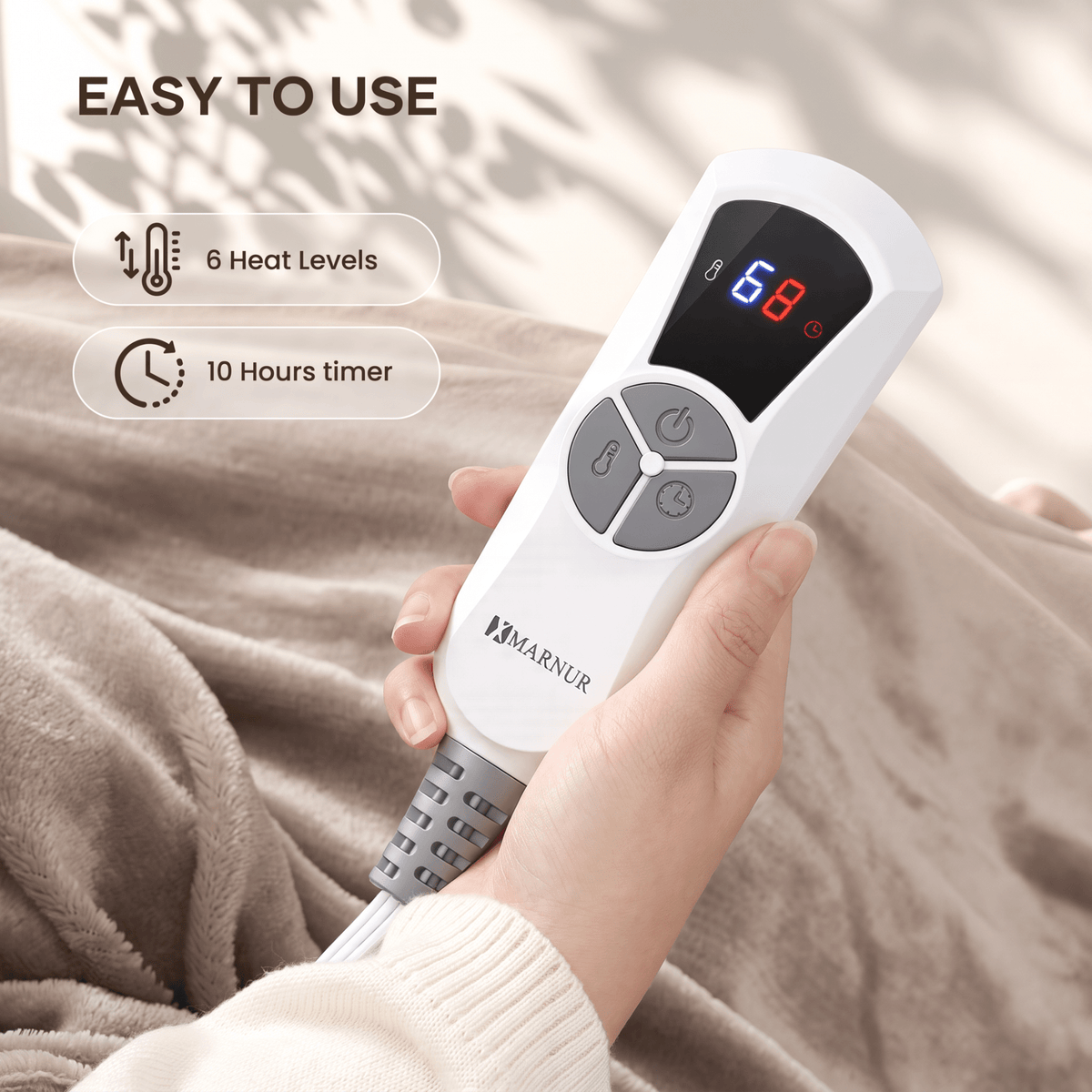 MARNUR Electric Blanket 72" x 84" Full Size Heated Blanket, 6 Heating Levels, 10 Hours Timer - Linen