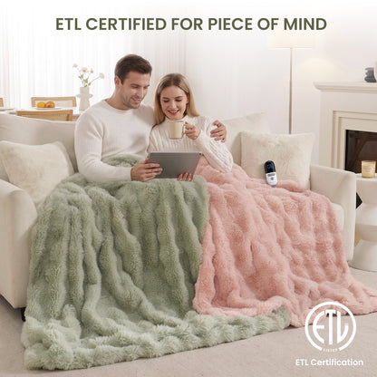 MARNUR Electric Throw Blanket 50"x60", Faux Fur Heated Throw, 6 Heating Levels, 4 Hours Timer - Green