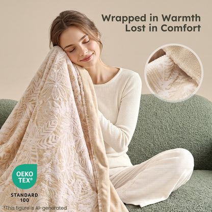 MARUNR Flannel Heated Blanket Electric Throw 50"×60", Irregular Leaf Pattern Heated Throw, 6 Heating Levels and 4H Timer, Machine Washable for Sofa, Office, Home Use, Beige