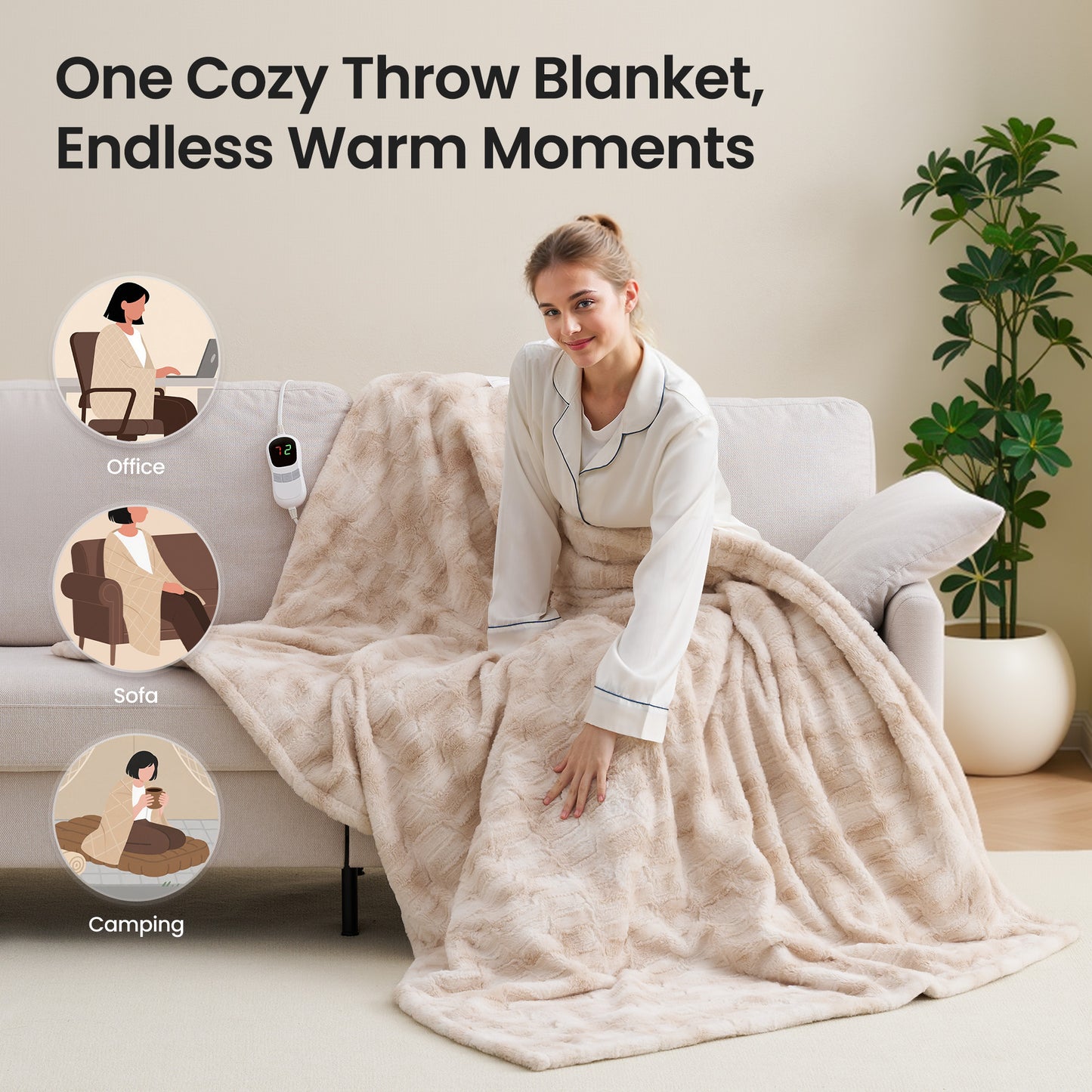 MARNUR Electric Throw Blanket Extra Large Size 50"x72", Soft Faux Fur, 10 Heating Levels, 4 Hours Timer Machine Washable, Khaki