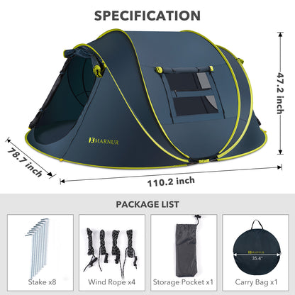 MARNUR Instant Tent 4-Person Camp Tent, Auto Setup Pop Up Tent, Waterproof, Huge Door & Windows, Dark Blue