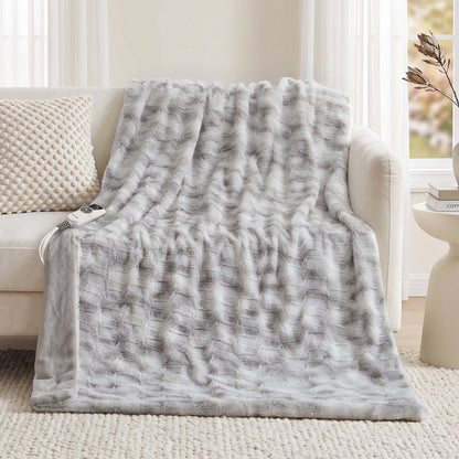 MARNUR Heated Blanket Electric Throw Extra Large Size 50"x72", Soft Faux Fur Heated Throw with 6 Heating Levels 4 Hours Timer Machine Washable, Gray
