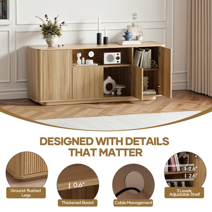 MARNUR Fluted TV Stand for TVs up to 65", 55" Modern Media Console with 3-Sided Fluted Design, Push-to-Open Doors for Living Room, Oak