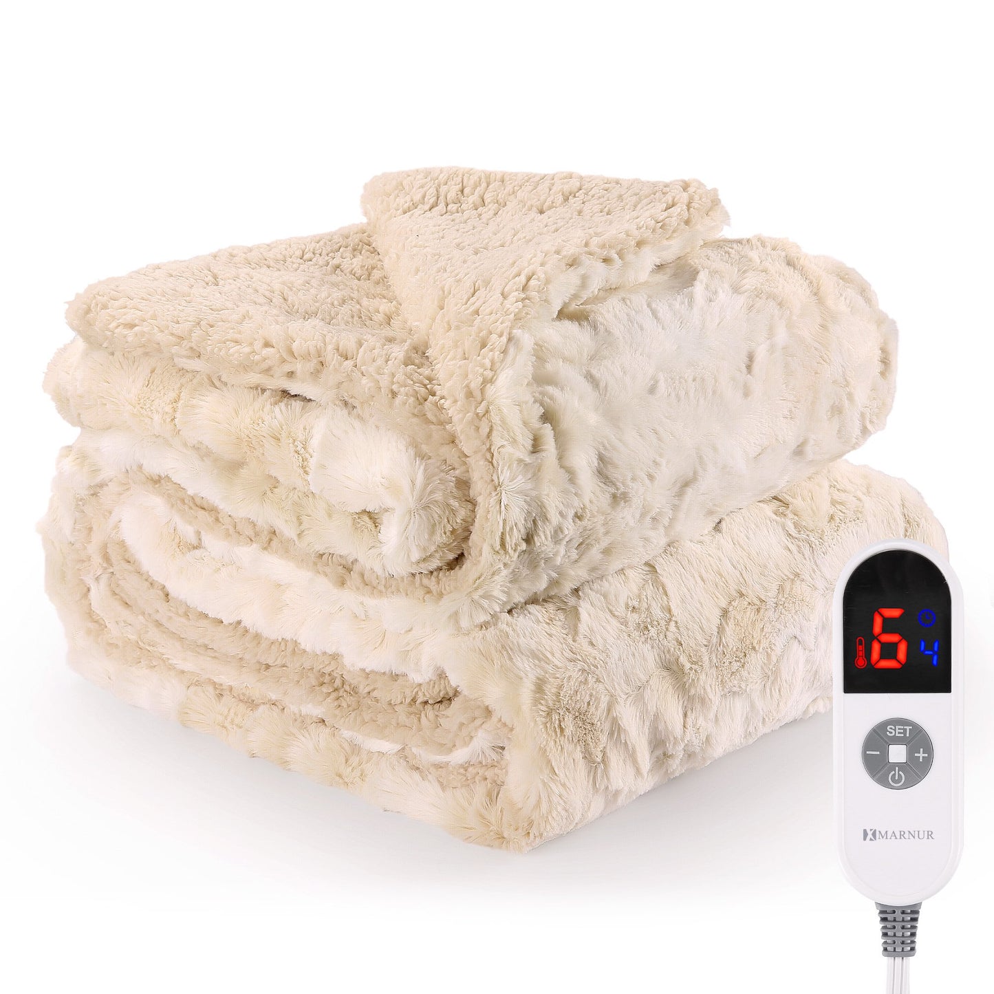 MARNUR Electric Throw Blanket 50" x 60", Soft Faux Fur Heated Throw Blanket, 6 Heating Levels, 4 Hours Timer, Tie-Dye Off White