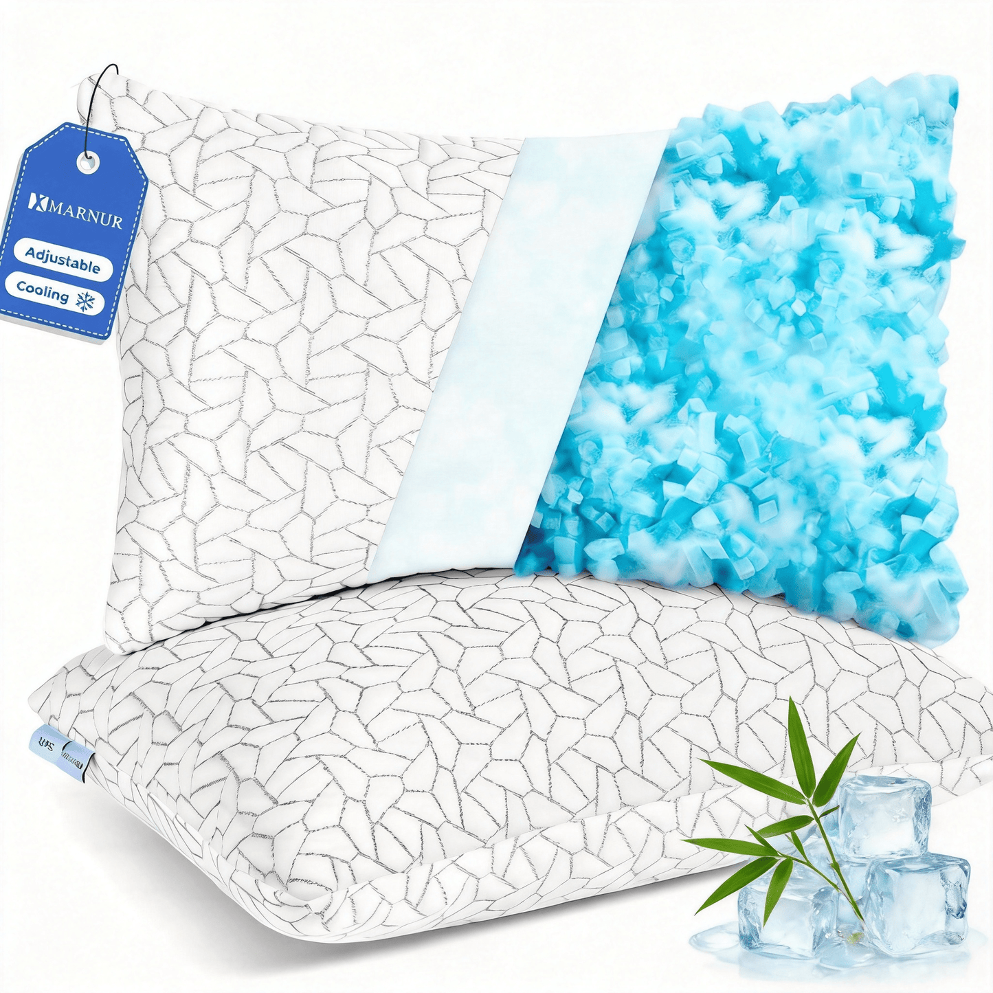 MARNUR Cooling Shredded Memory Foam Pillow Queen Set of 2, Adjustable Bamboo Shredded Pillow for Side, Back & Hot Sleepers