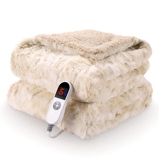MARNUR Electric Throw Blanket 50" x 60", Soft Faux Fur Heated Blanket with Large LED Display, 6 Heating Levels, 4 Hours Timer, Machine Washable - Tie-dye Off White