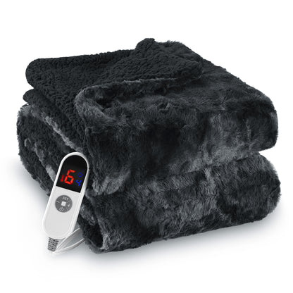 MARNUR Electric Throw Blanket 50" x 60", Soft Faux Fur Heated Blanket with Large LED Display, 6 Heating Levels, 4 Hours Timer, Machine Washable - Tie-dye Black