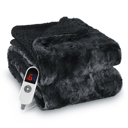 MARNUR Electric Throw Blanket 50" x 60", Soft Faux Fur Heated Blanket with Large LED Display, 6 Heating Levels, 4 Hours Timer, Machine Washable - Tie-dye Black