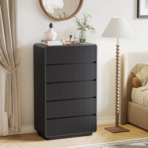 MARNUR 5 Drawer Dresser for Bedroom, 84lbs Heavy-Duty Chest of Drawers with Fluted Wave Design, Curved Tall Dresser with Anti-Tip Strap & Silent Slides, Extra Large Storage Dresser , Black