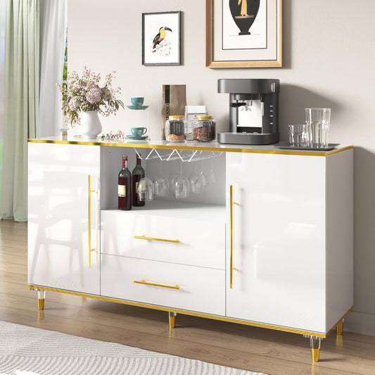 MARNUR Wine Bar Cabinet 55" Sideboard Buffet Cabinet 2-Door 2-Drawer for Kitchen Dining Room Living Room, White