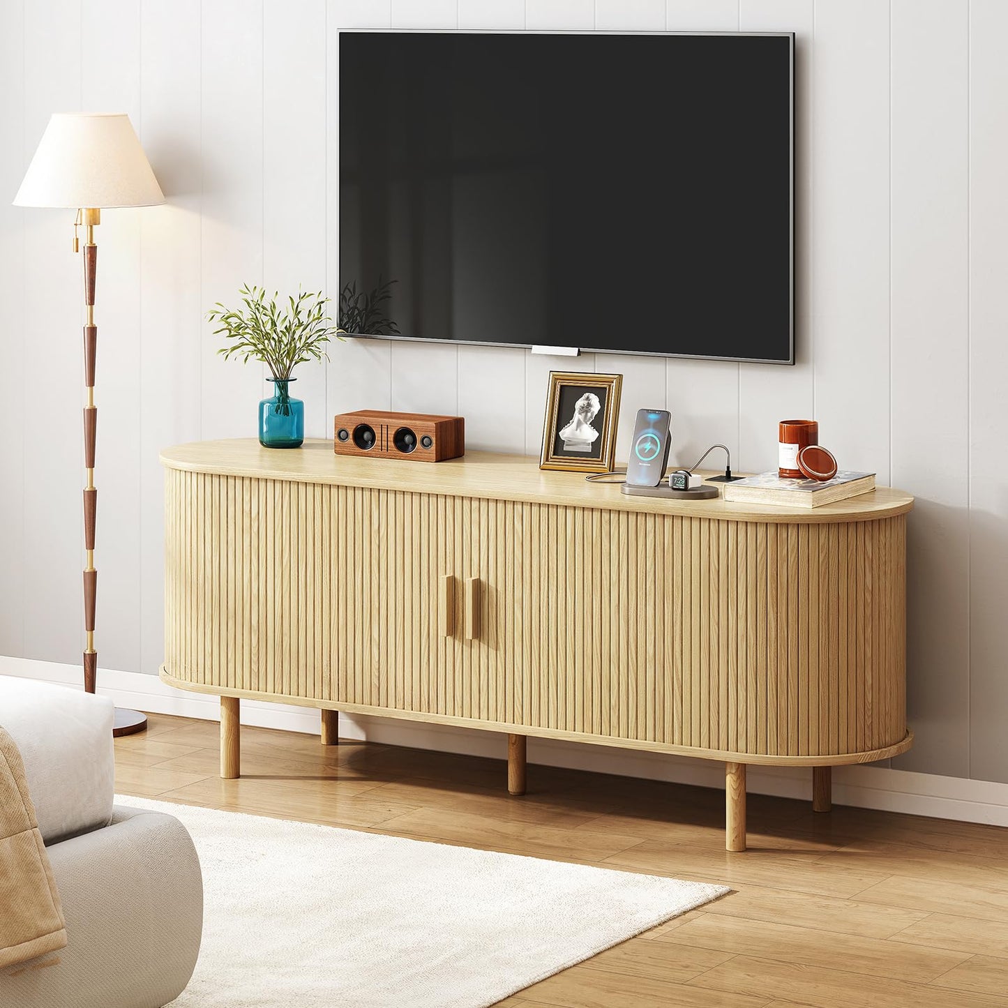 MARNUR 55" TV Stand for 60" TV, Wood Entertainment Center with Storage and Shelves, 2 Sliding Tambour Doors, Mid-Century Modern, Oak