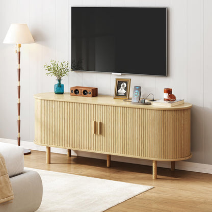 MARNUR 55" TV Stand for 60" TV, Wood Entertainment Center with Storage and Shelves, 2 Sliding Tambour Doors, Mid-Century Modern, Oak