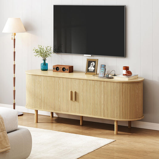 MARNUR 55" TV Stand for 60" TV, Wood Entertainment Center with Storage and Shelves, 2 Sliding Tambour Doors, Mid-Century Modern, Oak