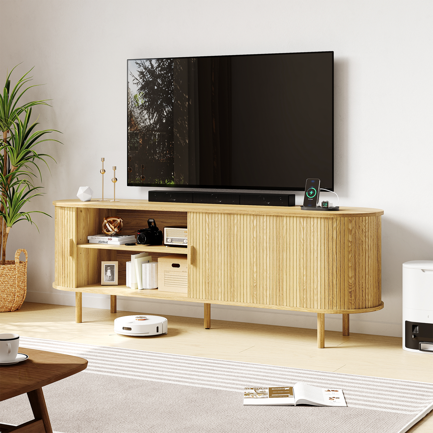 MARNUR 63" TV Stand for 70" TV, Wood Entertainment Center with Storage and Shelves, 2 Sliding Tambour Doors, Mid-Century Modern, Oak