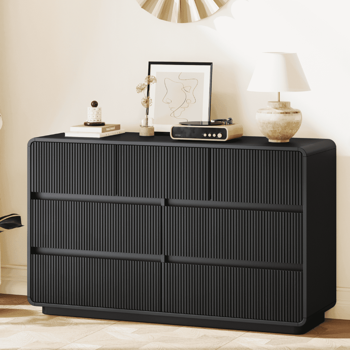 MARNUR 7 Drawer Dresser for Bedroom, Wooden Chest of Drawers for Closet, with Wide Top, Smooth Glides, for Living Room, Hallway, Kids Room, Black