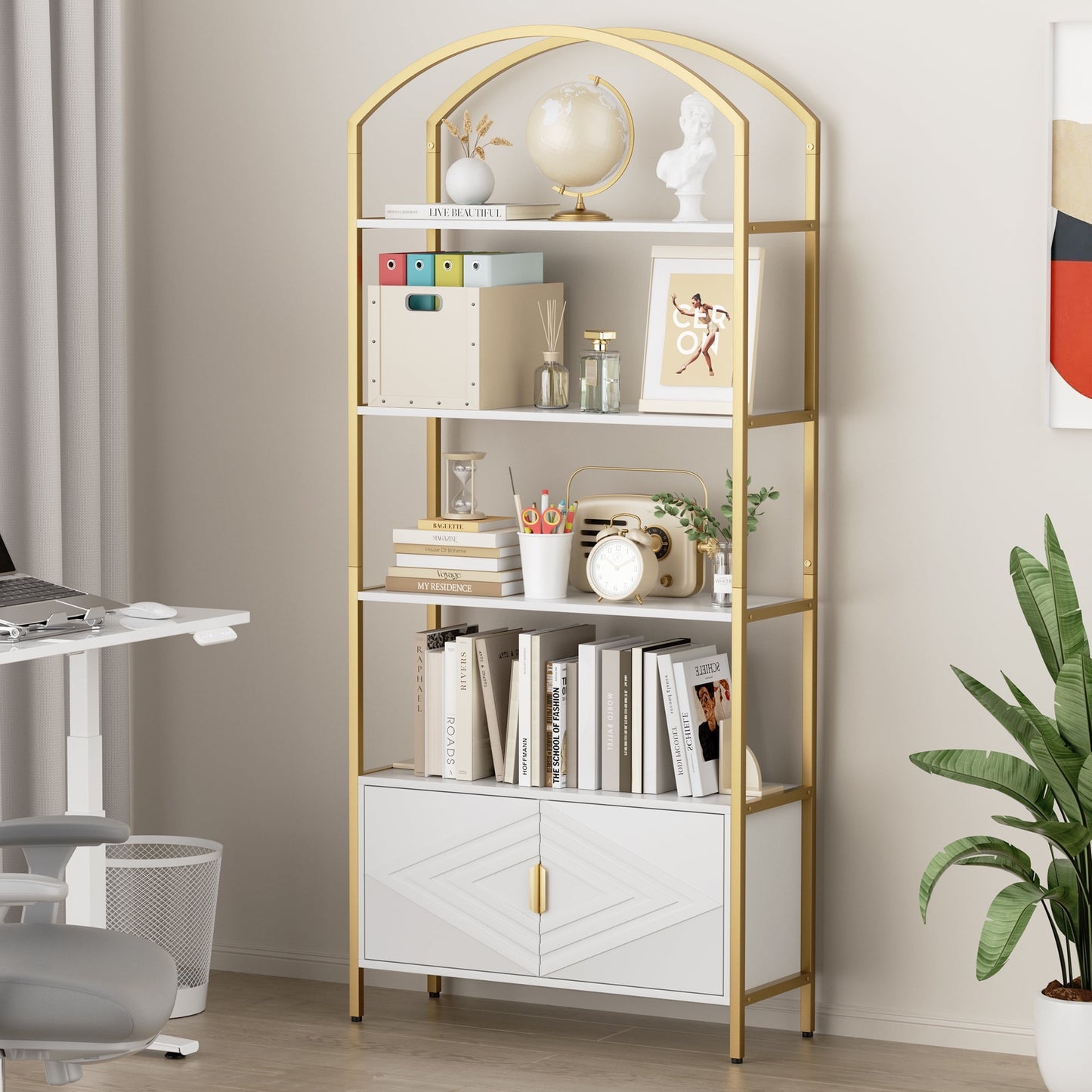 MARNUR 5-Tier Bookshelf, 71" Tall Bookcase with Storage Cabinet, Elegant Arched Gold Bookcase for Living Room Bedroom Home Office