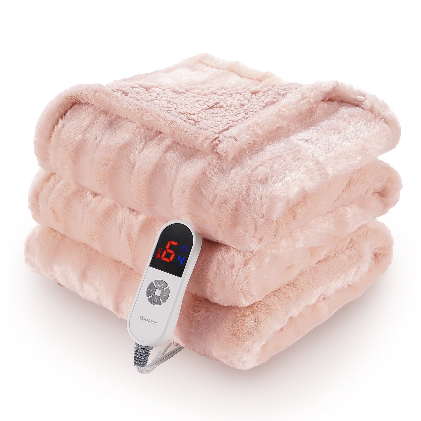 MARNUR Electric Throw Blanket Extra Large Size, 60" x 70" Soft Faux Fur Heated Blanket, 6 Heating Levels, 4 Hours Timer - Pink