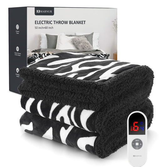 MARNUR Electric Throw Blanket 50" x 60",  Soft Faux Fur Heated Blanket with Large LCD Display, 6 Heating Levels, 4 Hours Timer, Machine Washable, Zebra Pattern
