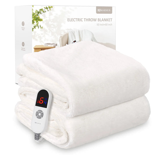 MARNUR 50"x60" Electric Blanket, Soft Faux Fur, 6 Heating Levels, 4-Hour Timer, White