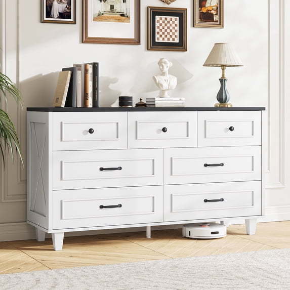 MARNUR Farmhouse 7 Drawer Dresser for Bedroom, 52" Rustic White Chest of Drawers with Anti-Tip Kit, Heavy-Duty Storage Cabinet for Living Room Entryway Hallway, Smooth Quiet Slides, White & Black