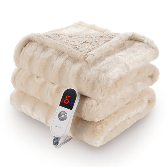 MARNUR Electric Throw Blanket Extra Large Size, 60" x 70" Soft Faux Fur Heated Blanket, 6 Heating Levels, 4 Hours Timer - Beige