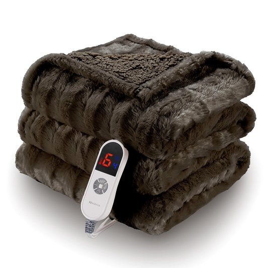 MARNUR Electric Throw Blanket Extra Large Size, 60" x 70" Soft Faux Fur Heated Blanket, 6 Heating Levels, 4 Hours Timer - Brown