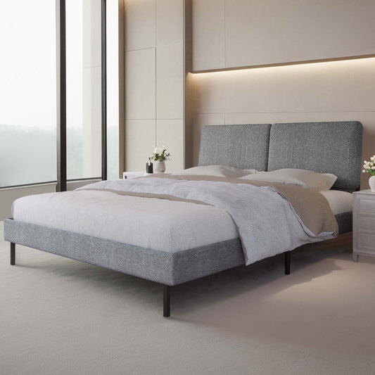 MARNUR Queen Size Bed Frame with Linen Fabric Adjustable Upholstered Headboard, Wooden Slats Support, Gray