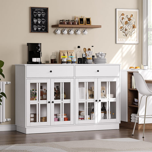 MARNUR Sideboard Buffet Cabinet with Storage, Modern Credenza Storage Cabinet with 4 Tempered Glass Doors & 2 Drawers, LED Light for Dining Room, Kitchen, Living Room