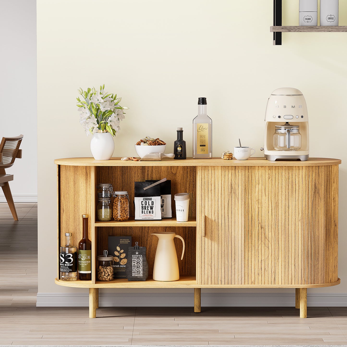 MARNUR Sideboard Buffet Cabinet 55" Storage Cabinet with 2 Sliding Tambour Doors, Adjustable Shelves for Kitchen Office Bedroom Hallway Entryway, Oak