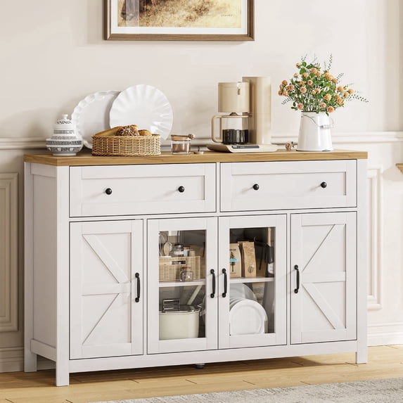 MARNUR Buffet Cabinet Farmhouse Style, 55" Storage Cabinet with 2 Drawers 4 Doors, Adjustable Shelves for Kitchen Office Bedroom Hallway Entryway, Oak & White