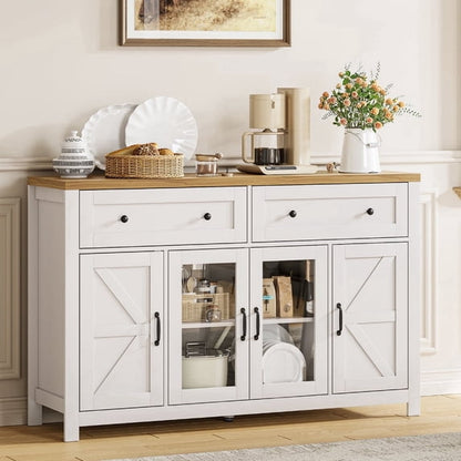 MARNUR Buffet Cabinet Farmhouse Style, 55" Storage Cabinet with 2 Drawers 4 Doors, Adjustable Shelves for Kitchen Office Bedroom Hallway Entryway, Oak & White