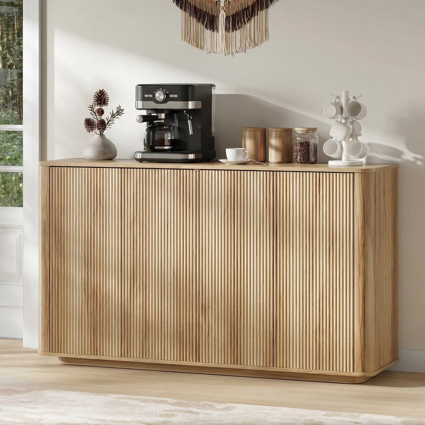 55"W Buffet Cabinet with Storage, Modern Coffee Bar Cabinet with 3-Sided Wave Fluted Design, Adjustable Shelves, Anti-Tip, Easy Clean Top for Kitchen, Dining Room, Living Room, Oak