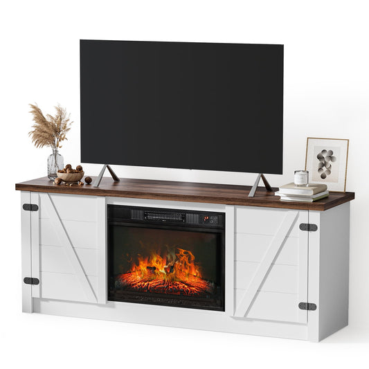 MARNUR TV Stand with 23" Fireplace for TVs up to 65", Farmhouse Entertainment Center with 2 Doors, Rustic Wood, White
