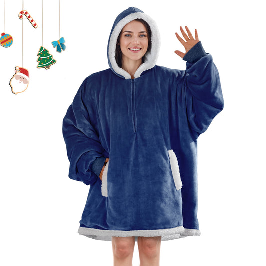 MARNUR Wearable Blanket Hoodie for Adults Women Men, Flannel and Shu Velvet, Dark Blue