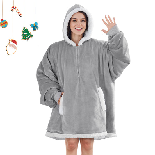 MARNUR Wearable Blanket Hoodie for Adults Women Men, Flannel and Shu Velvet,Gray