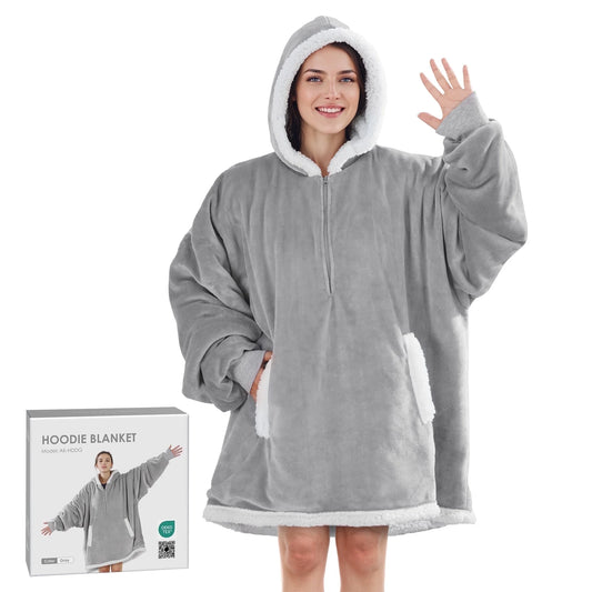 MARNUR Wearable Blanket Hoodie for Men, Women, Flannel and Shu Velvet - Gray