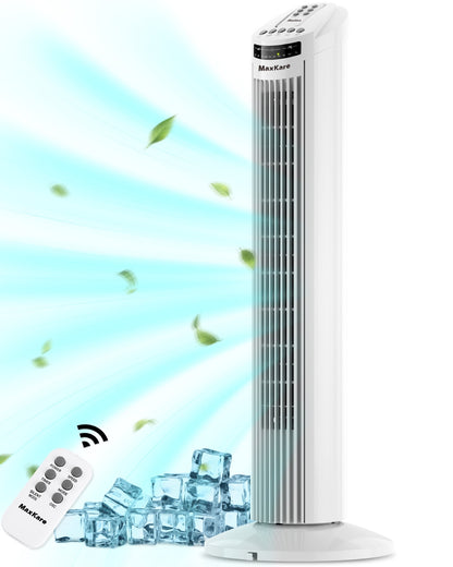 30in Tower Fan with Remote, 3 Speeds and Modes, Oscillating, Timer, White