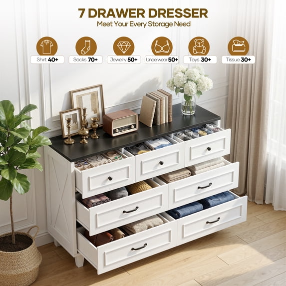 MARNUR Farmhouse 7 Drawer Dresser for Bedroom, 52" Rustic White Chest of Drawers with Anti-Tip Kit, Heavy-Duty Storage Cabinet for Living Room Entryway Hallway, Smooth Quiet Slides, White & Black