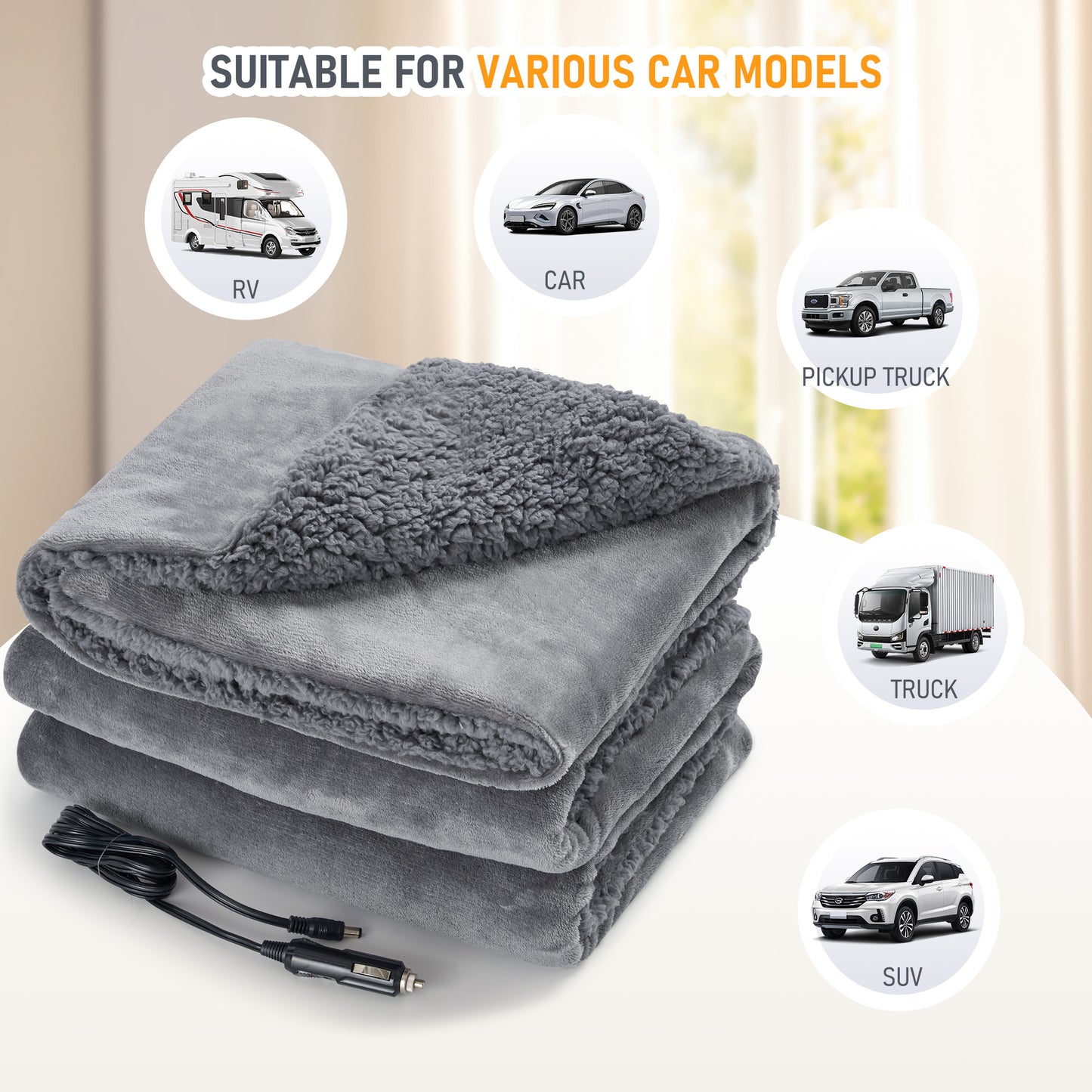 MARNUR Heated Car Blanket, Electric Throw Blanket with Car Charger, Flannel & Shu Velvet for Home & Car Use, 59" x 43”, Gray